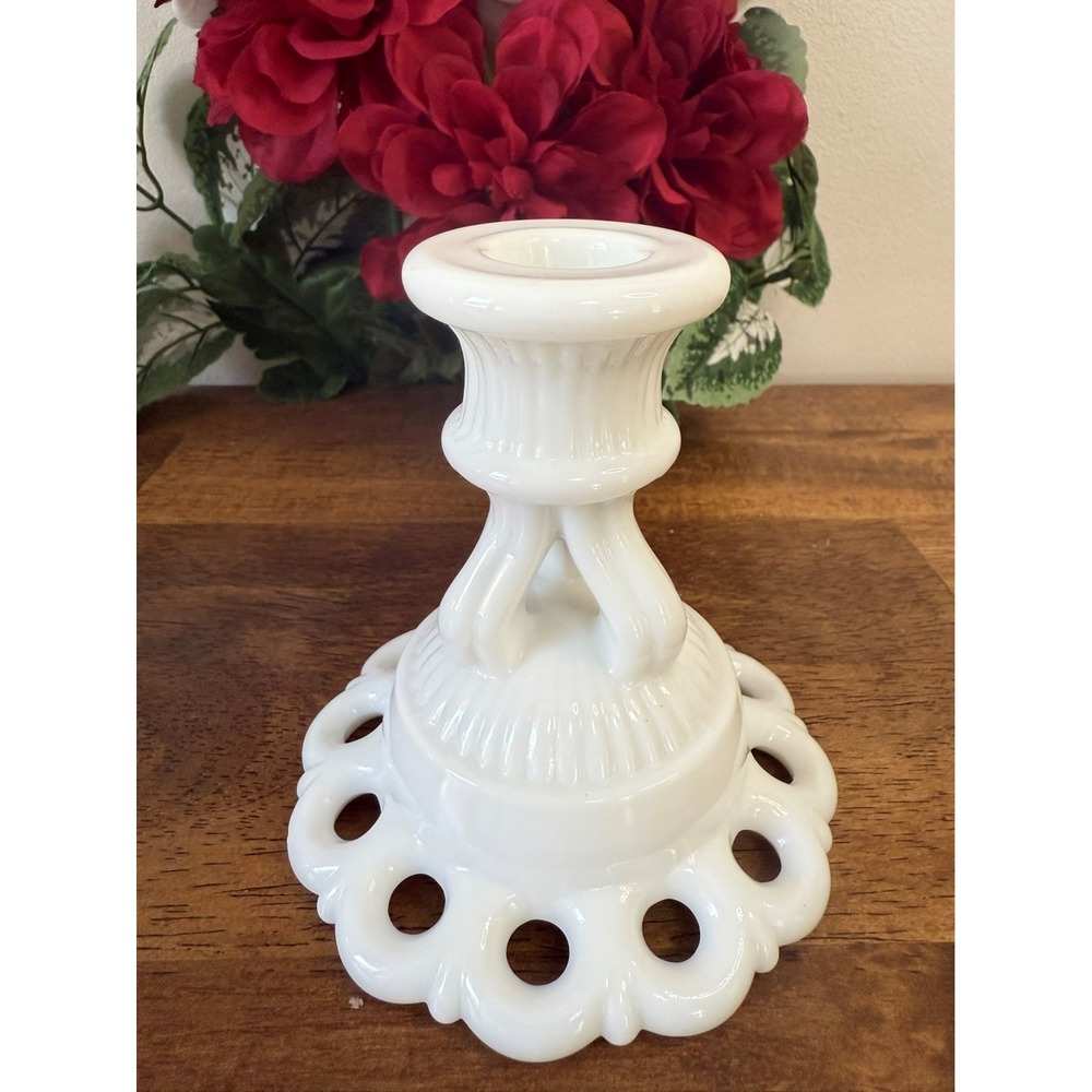 Vintage Westmoreland Milk Glass Candle‎ Holder – Lace Edge Open Loop Pattern